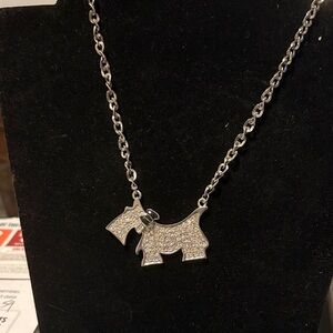 Silver Dog Pendant Necklace, Scottie with black bow covered in rhinestones.